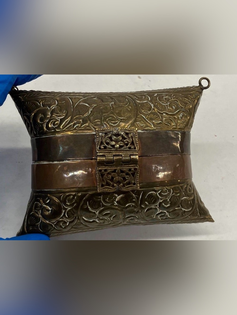 Vintage Brass Copper Pillow Purse Blue Velvet Lined Evening Bag Chain Clutch 7''